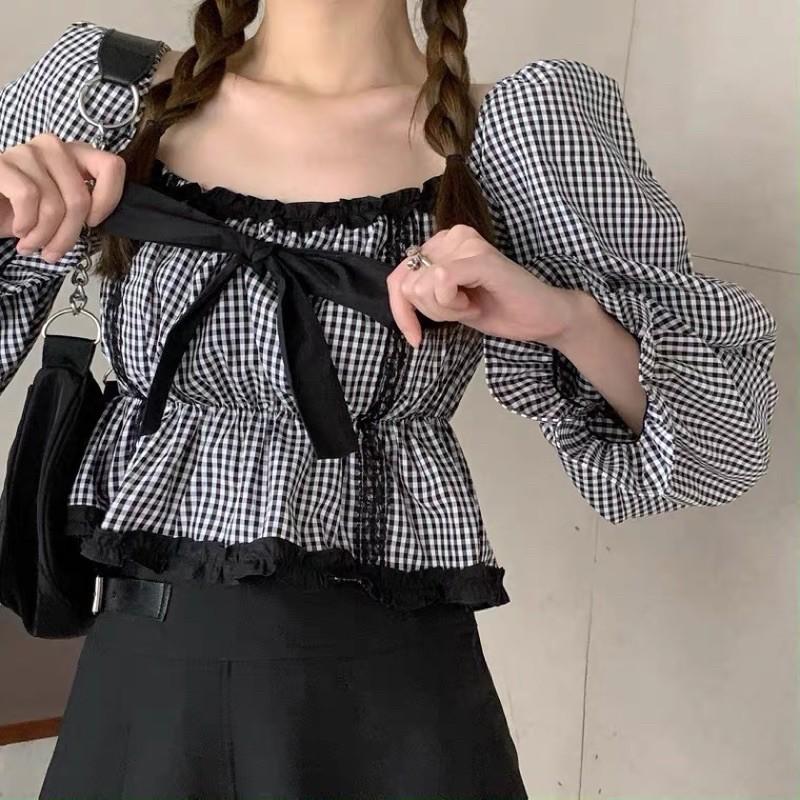Áo sơmi caro trễ vai thắt nơ Ulzzang