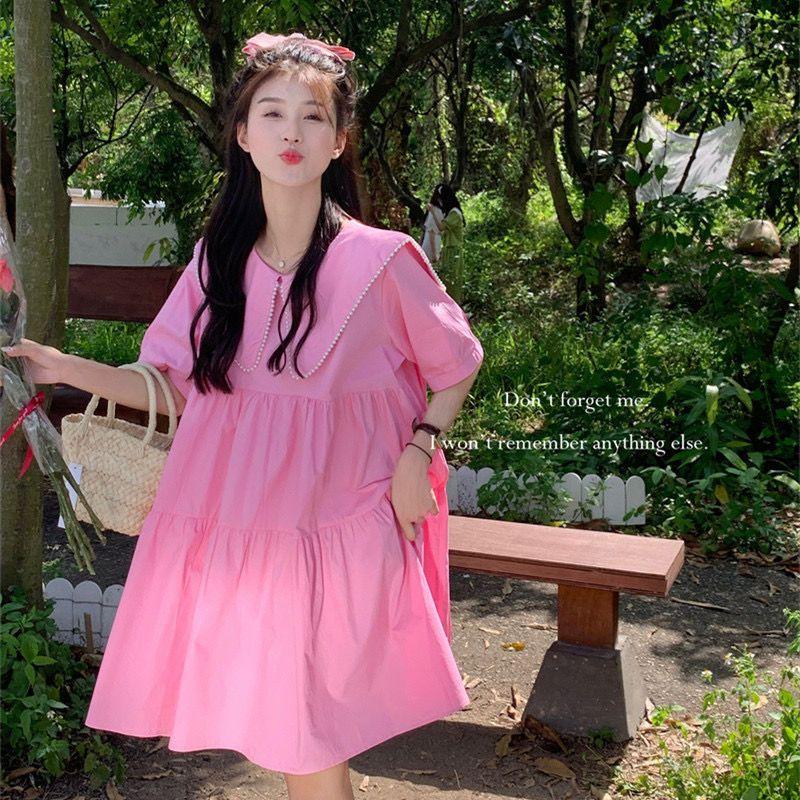 CHENGRUI Thiếu nữ cảm giác màu hồng búp bê cổ áo ngắn tay áo đầm mùa hè 2023 thời trang thiết kế từ A
