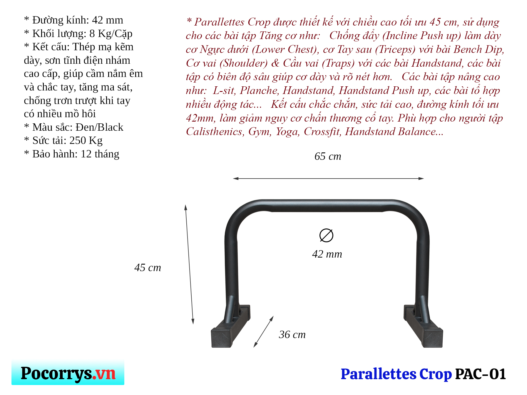 Xà kép Parallettes Crop Pocorrys cao 45cm
