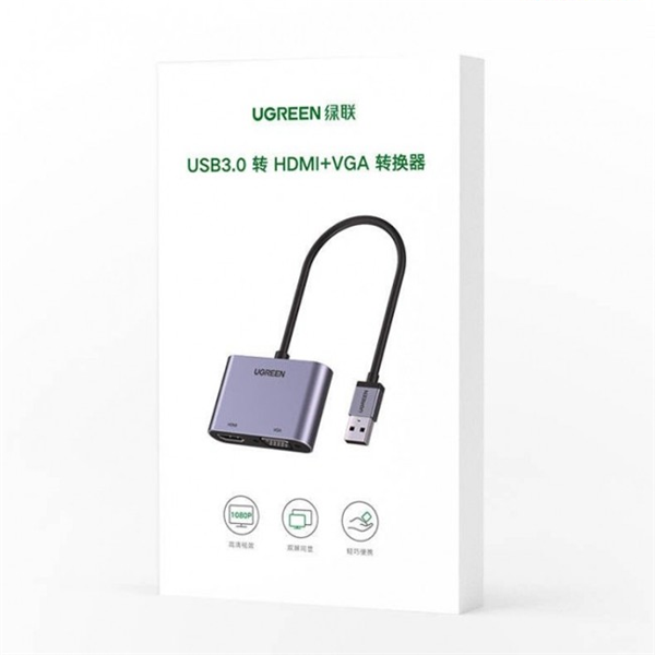 Cáp chuyển đổi USB 3.0 sang HDMI + VGA 1080P/60Hz Ugreen 20518 cao cấp hàng chính hãng