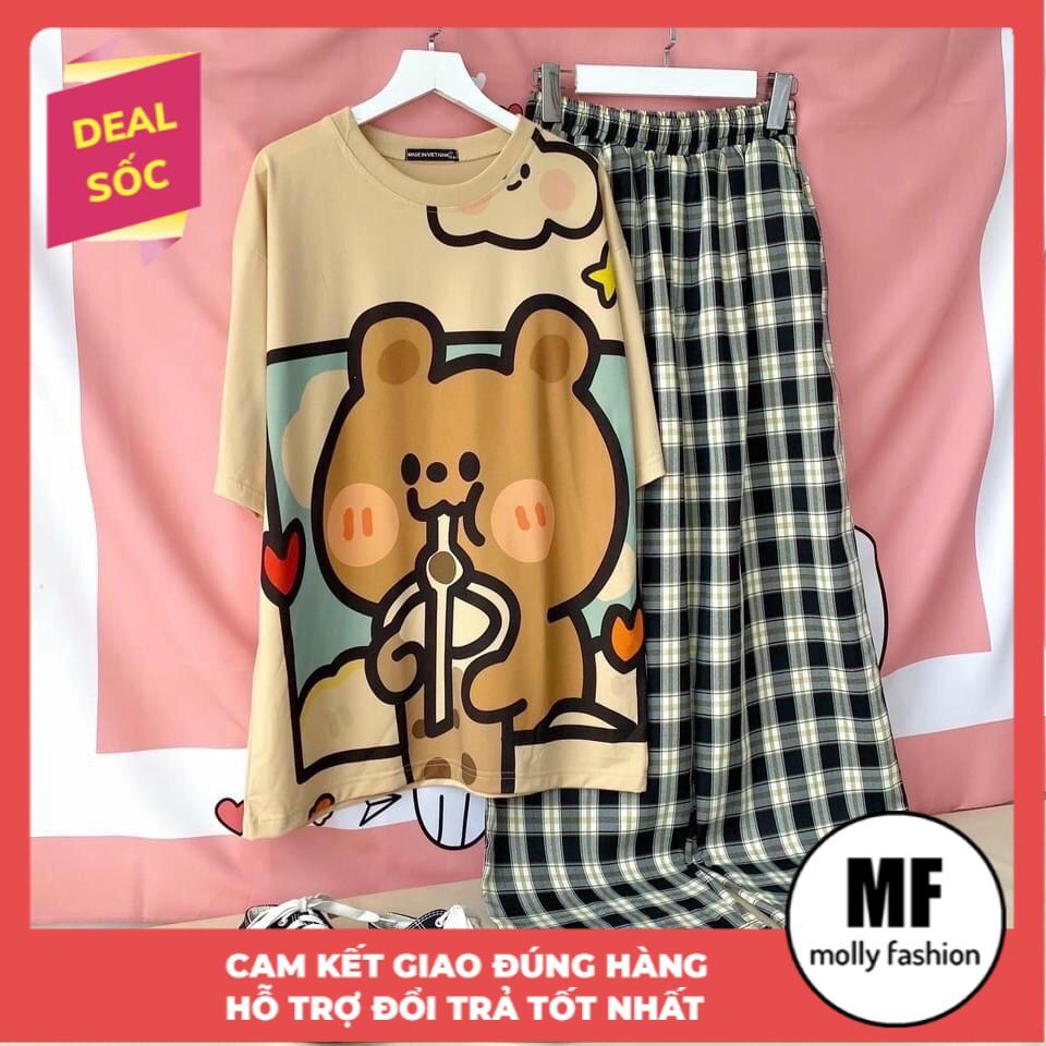 Đồ bộ nữ quần caro kate ống rộng phối áo thun nữ form rộng tay lỡ Gấu trà sữa Freesize Molly Urban