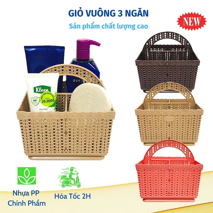 Giỏ đựng đồ nhựa vuông 3 ngăn có quai xách đa năng kích thước 15 cm x 15 cm x 18 cm