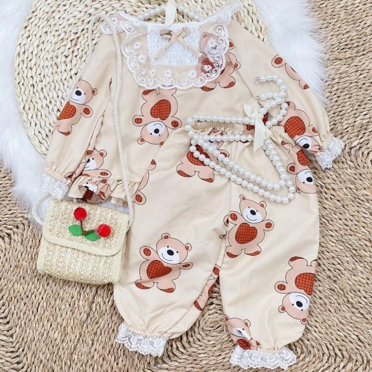 Bộ Ngủ Pijama Dài Tay Bé Gái Viền Ren Kate Hàn - Babi mama