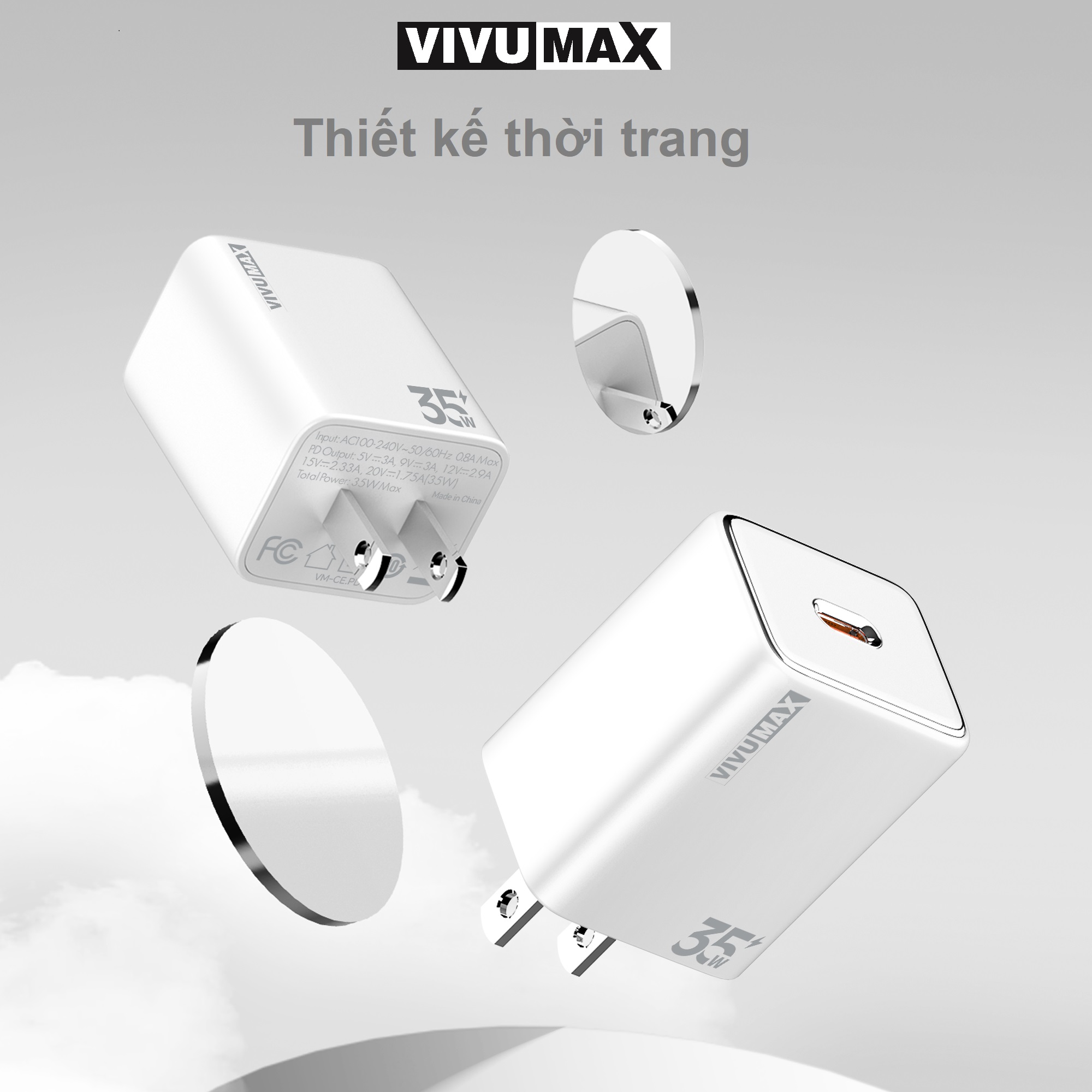 Củ sạc nhanh 1 cổng PD 35W Vivumax PD35 màu trắng - Hàng Chính Hãng, Bảo Hành Chính Hãng