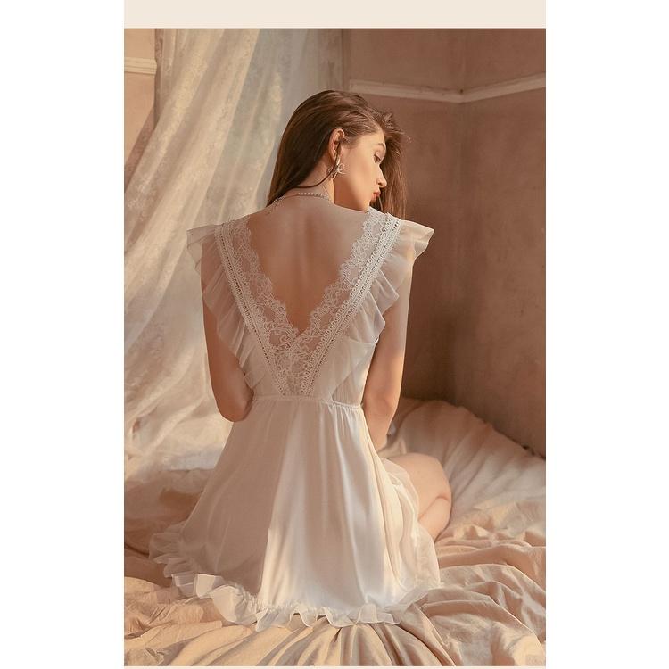 Váy ngủ sexy gợi cảm đồ ngủ dây vai xếp ly bản rộng phối ren chất lụa mềm mượt DN07