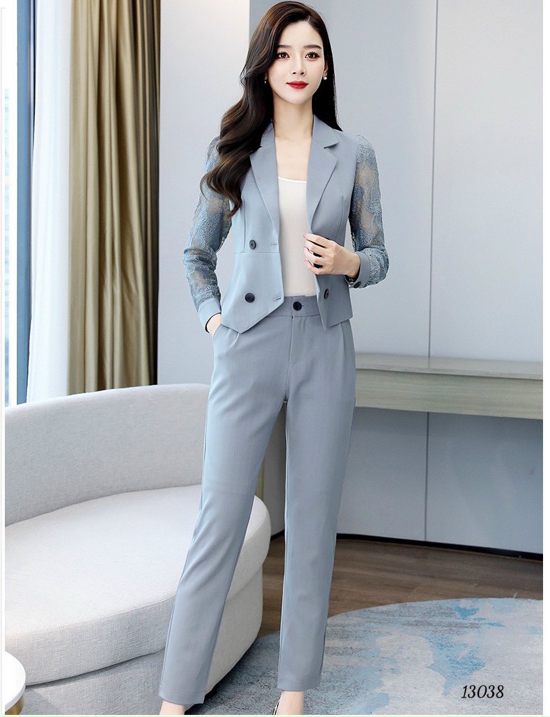 Set bộ vest tây cotton tây ren dài quần tây màu xanh đen công sở công tác lịch sự sang trọng