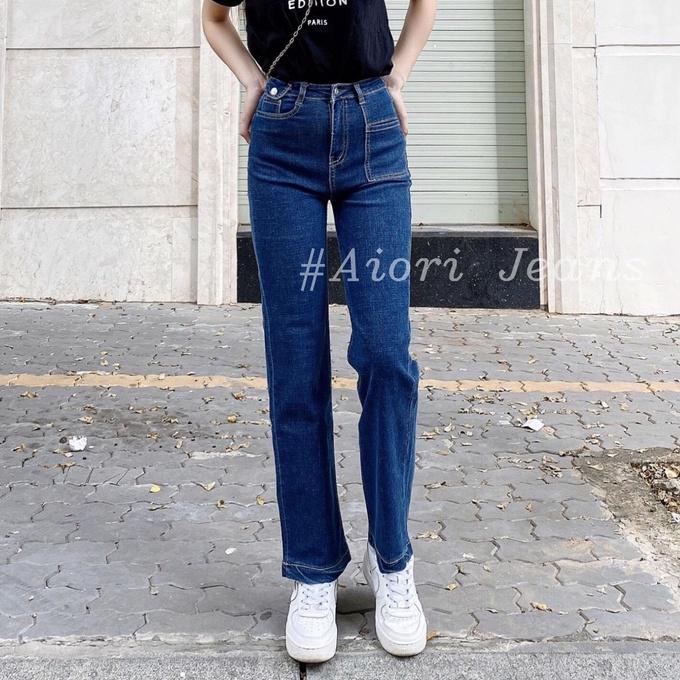 Quần Jeans Nữ AIORI Ống Suông Đứng Nắp Túi Dáng dài chất bò jean cao cấp co giãn mềm mịn thời trang 4 mùa Mã E002 - Xanh Đậm, Xanh Đậm