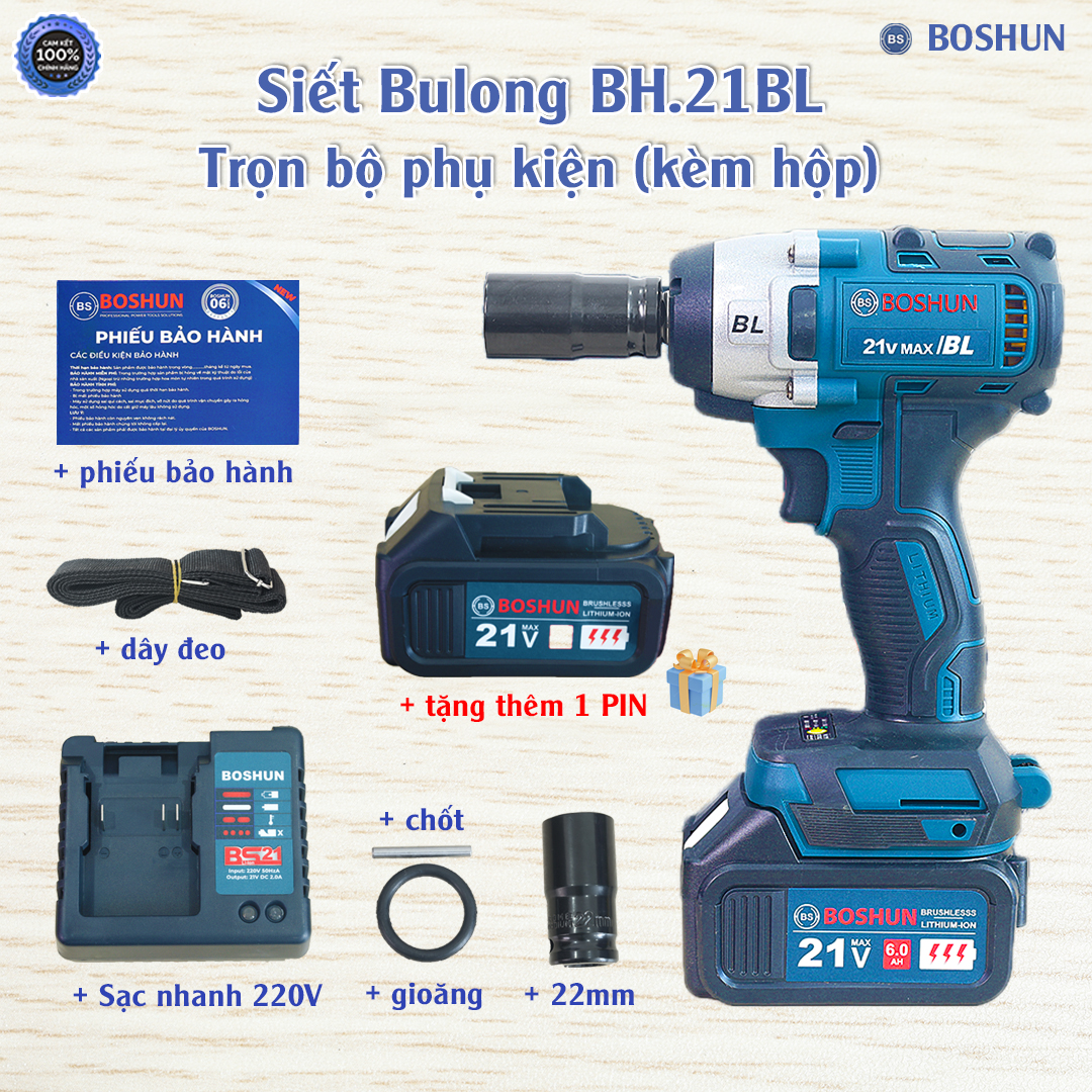 Máy Siết Bulong Pin 21V BOSHUN 6097B Lực Siết 380Nm Không Chổi Than - HÀNG CHÍNH HÃG