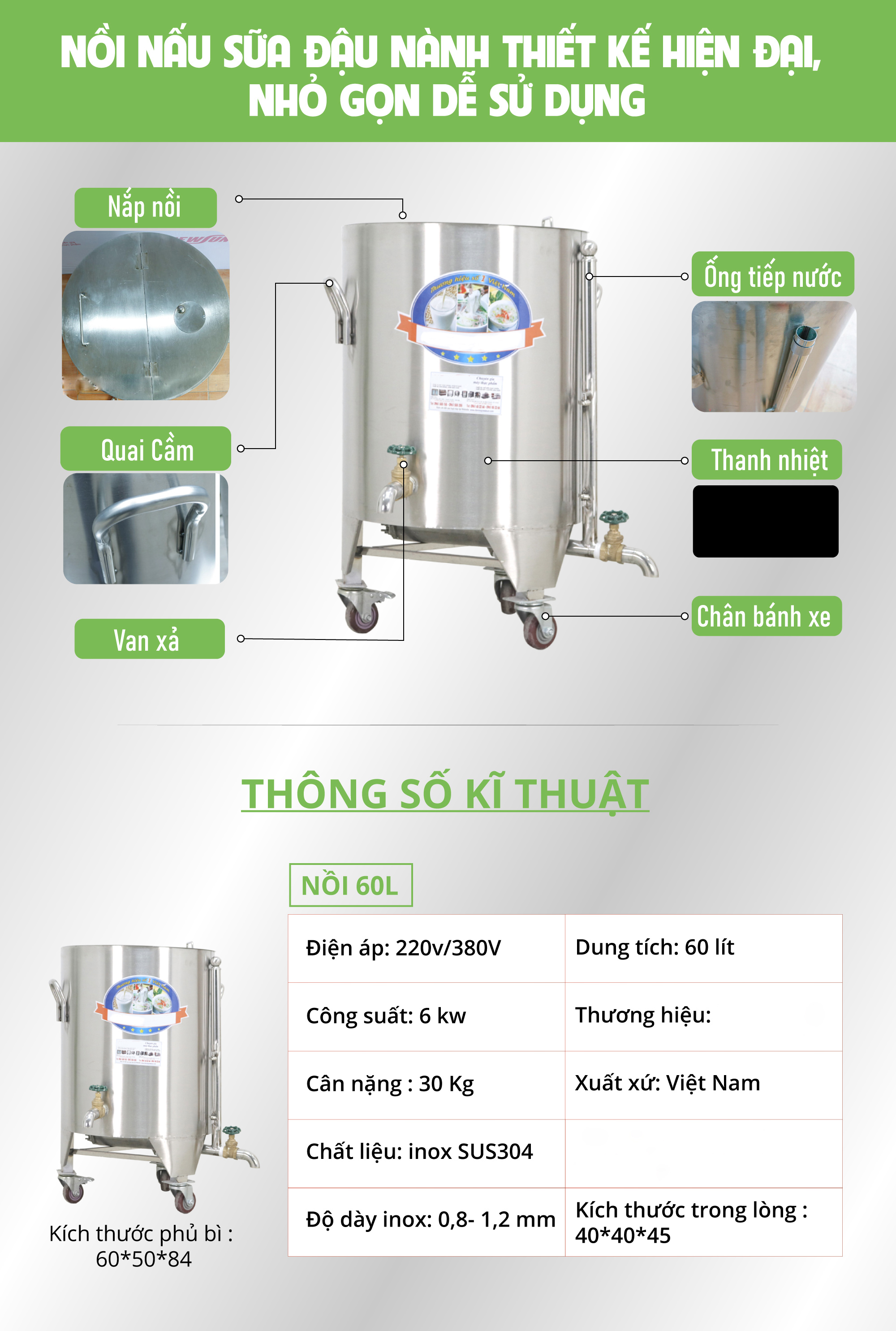 Nồi nấu sữa đậu nành công nghiệp 60L - Nấu sữa thơm, không bị đóng cặn