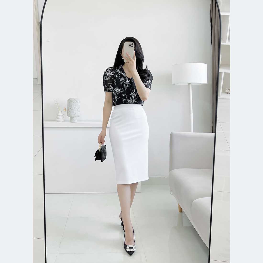 Áo kiểu công sở dáng suông nơ cổ in họa tiết hoa thời trang Eden - ASM207