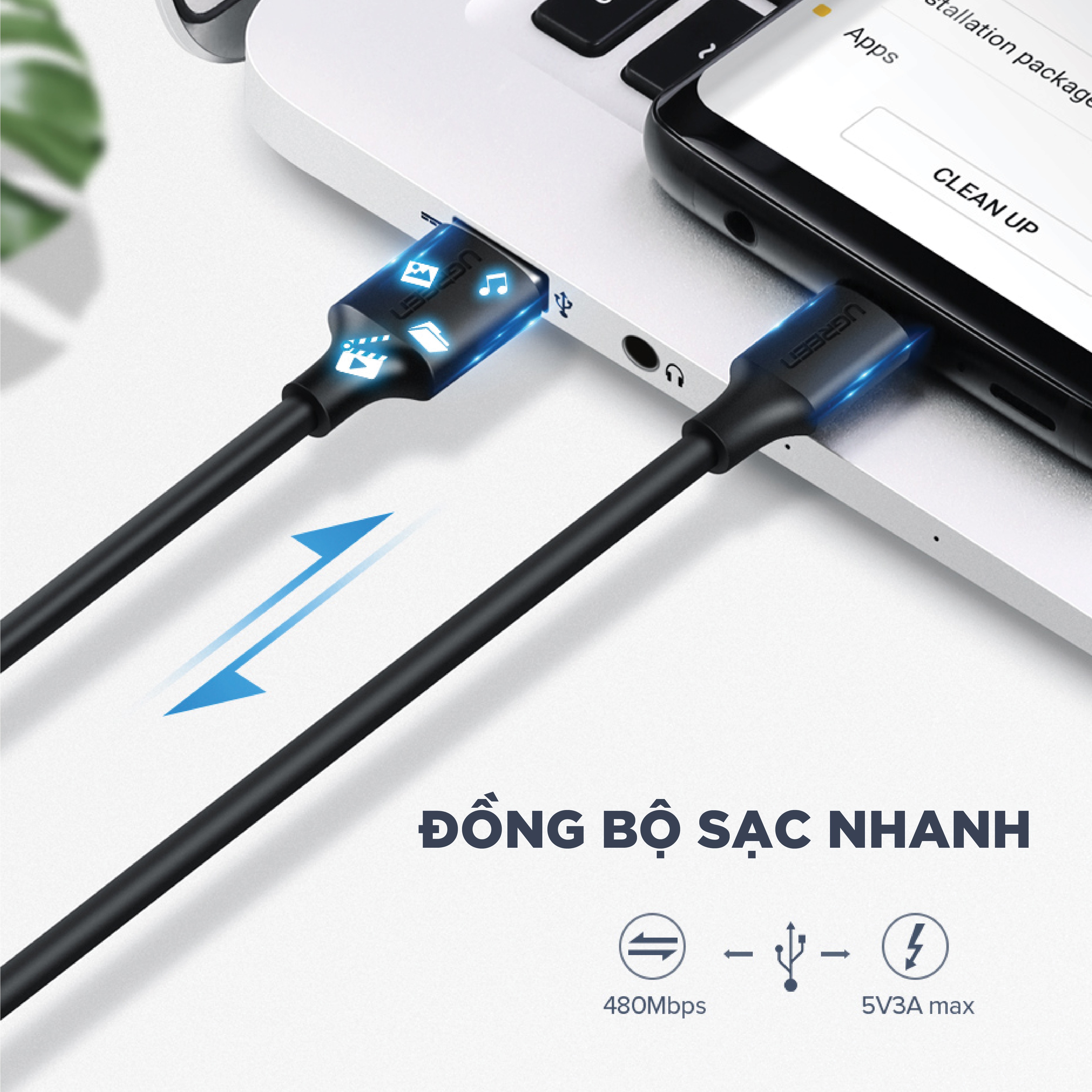 Cáp sạc nhanh UGREEN US287 USB 2.0 sang USB Type-C, điện áp 3A, độ dài từ 0.25m đến 2m  - Hàng chính hãng