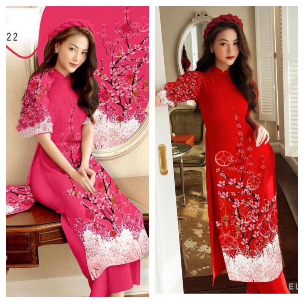 Set Bộ Áo Dài Lụa Hoa Đào Tây Hàng Thiết Kế Cực Sang Trọng Quý Phái - BY2119