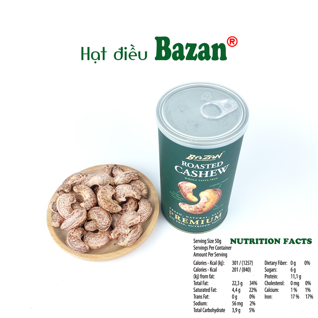 Hạt điều rang muối Bazan Bình Phước nguyên hạt dinh dưỡng A+ loại 1 hộp 225g cao cấp