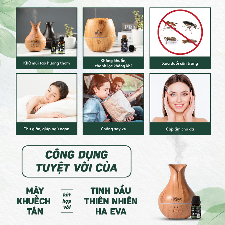 Máy xông tinh dầu HAEVA Vân Gỗ Thiên Ý, khử mùi, kháng khuẩn, tạo độ ẩm, Tự ngắt khi hết nước, đèn Led 7 màu tuỳ chỉnh