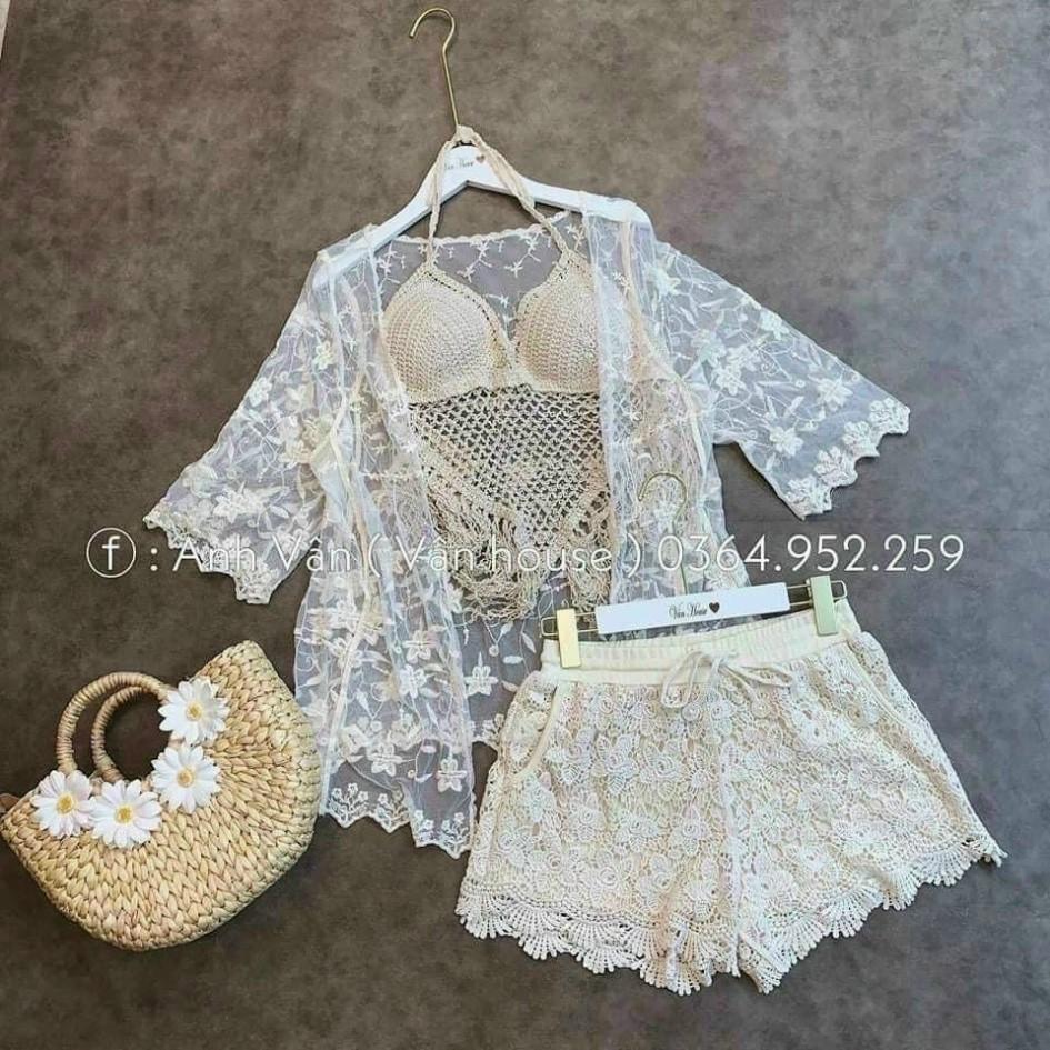 Set Đồ Set Bikini 3 Món Đi Biển Chất Ren Họa Tiết Dây Đan Siêu Xinh Phong Cách Trẻ Trung Năng Động