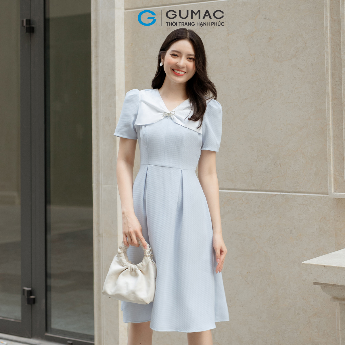 Đầm A cổ phối nơ GUMAC DD05043