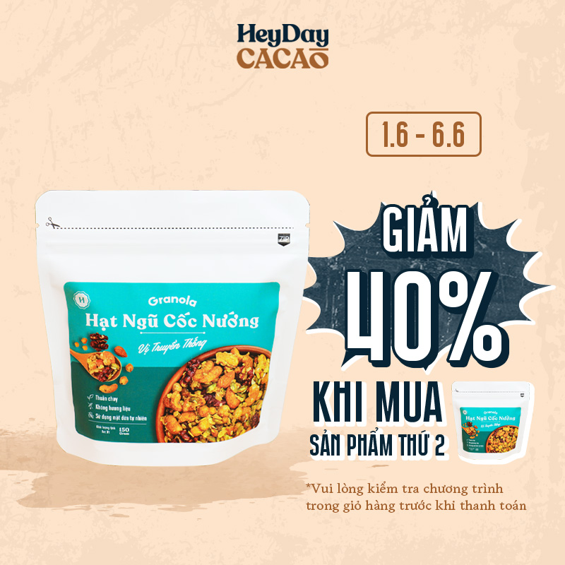 Granola nướng giòn tan - Vị truyền thống túi 150g - Dùng mật dừa nước, 0 trái cây sấy, GI thấp - Hạt ngũ cốc giảm cân - HeydayCacao