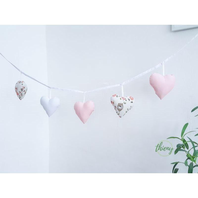Dây trái tim vải cotton kaki xịn, may đẹp - trang trí, Decor, Sinh nhật, màu trắng hoa hồng