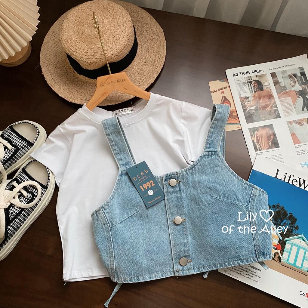 Set áo phông croptop yếm jean đan dây