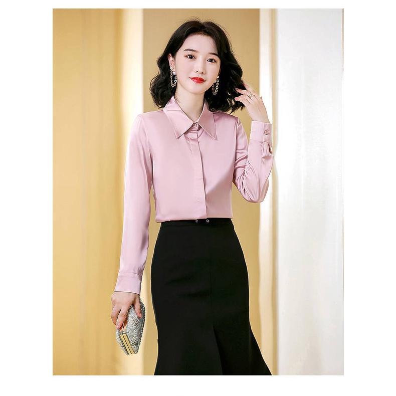 Áo Sơ Mi Nữ Công Sở Màu Hồng Cổ Đức CHIPY Kiểu Hàn Quốc Vintage Ulzzang Form Rộng Dài Tay Đẹp Chất Lụa Cao Cấp A2T