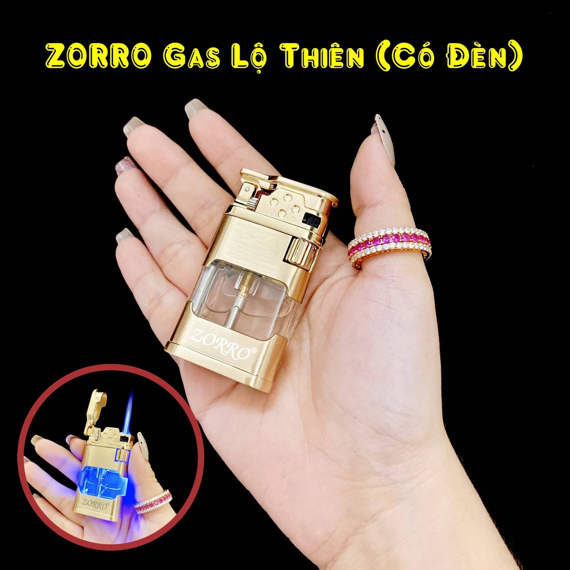 Hộp quẹt bật lửa Zorro gas lộ thiên (có đèn) - (xài gas)