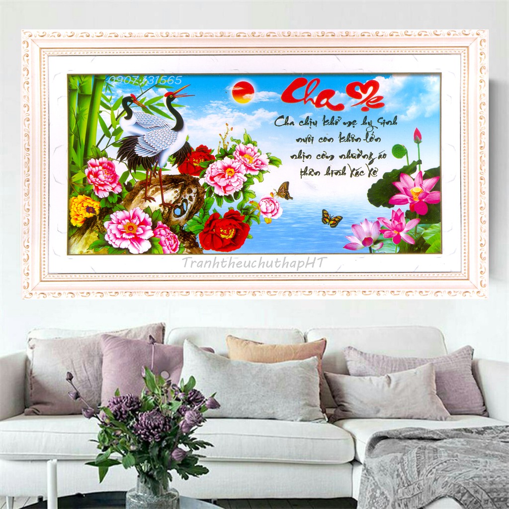 Tranh đính đá cha mẹ hạc hoa mẫu đơn LV142 - 85 x 46 cm - chưa đính