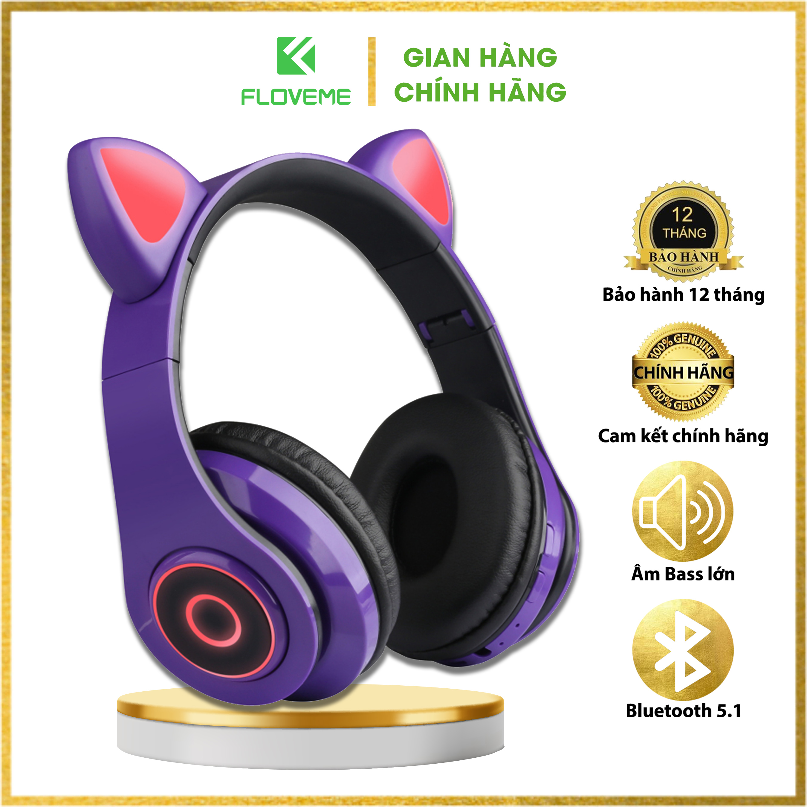 Tai nghe Bluetooth FLOVEME B39 tai mèo đáng yêu có mic đàm thoại cao cấp, có đèn phát sáng cute tai nghe thời trang - Hàng chính hãng