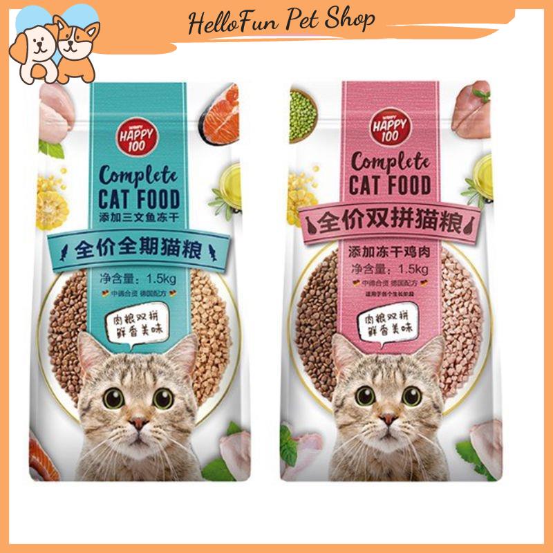 Thức ăn hạt cho mèo Happy 100 mix thịt gà và cá hồi thơm ngon, giàu dinh dưỡng