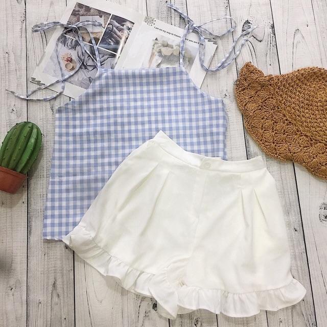 Set Áo Caro 2 Dây + Short Trắng Bèo ️️
