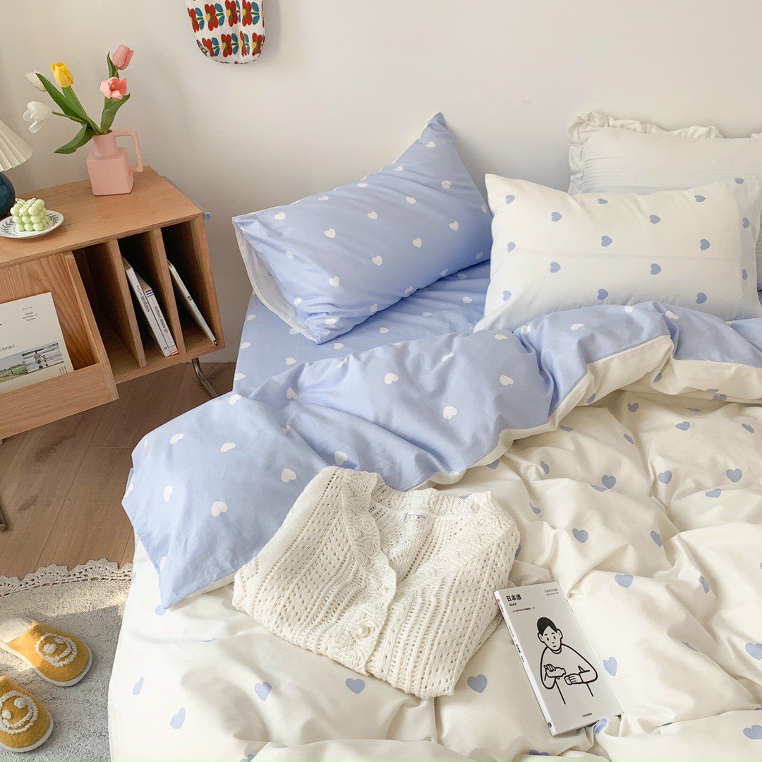 Bộ chăn chần ga gối cotton sử dụng 2 mặt LIDACO SP001452 - Tim xanh trắng