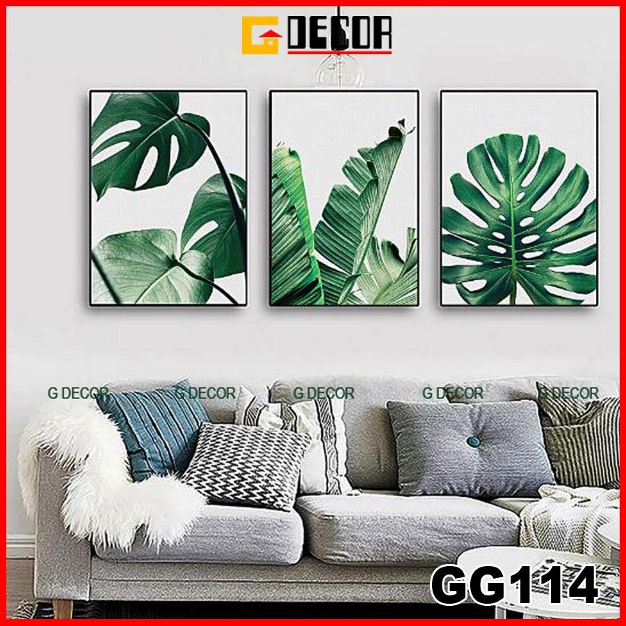 Tranh treo tường canvas 3 bức phong cách hiện đại Bắc Âu 114, tranh lá cây trang trí phòng khách, phòng ngủ, spa