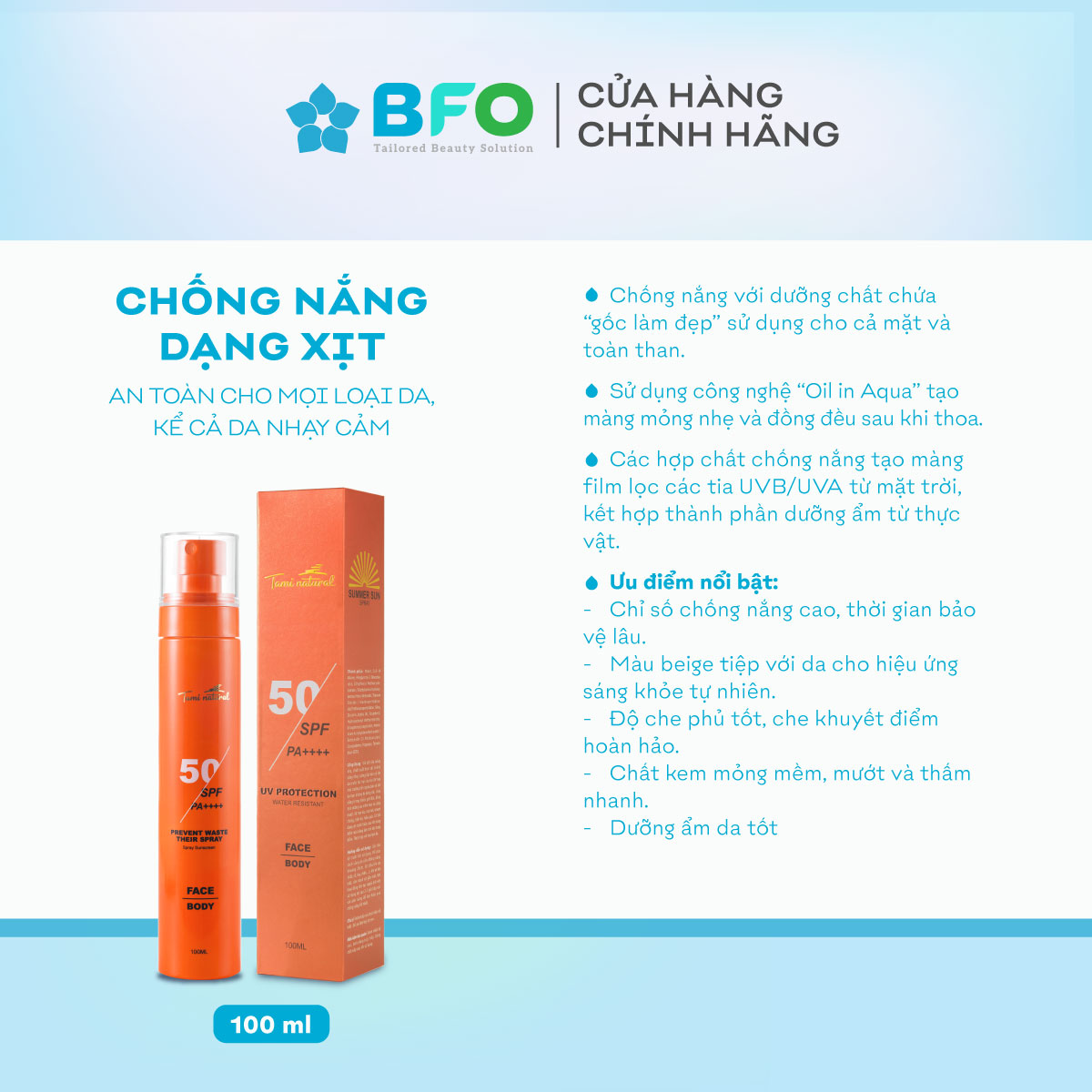 Xịt Chống Nắng Bảo Vệ Da Tối Ưu Summer SUN Spray SPF 50 PA++++ 100ml