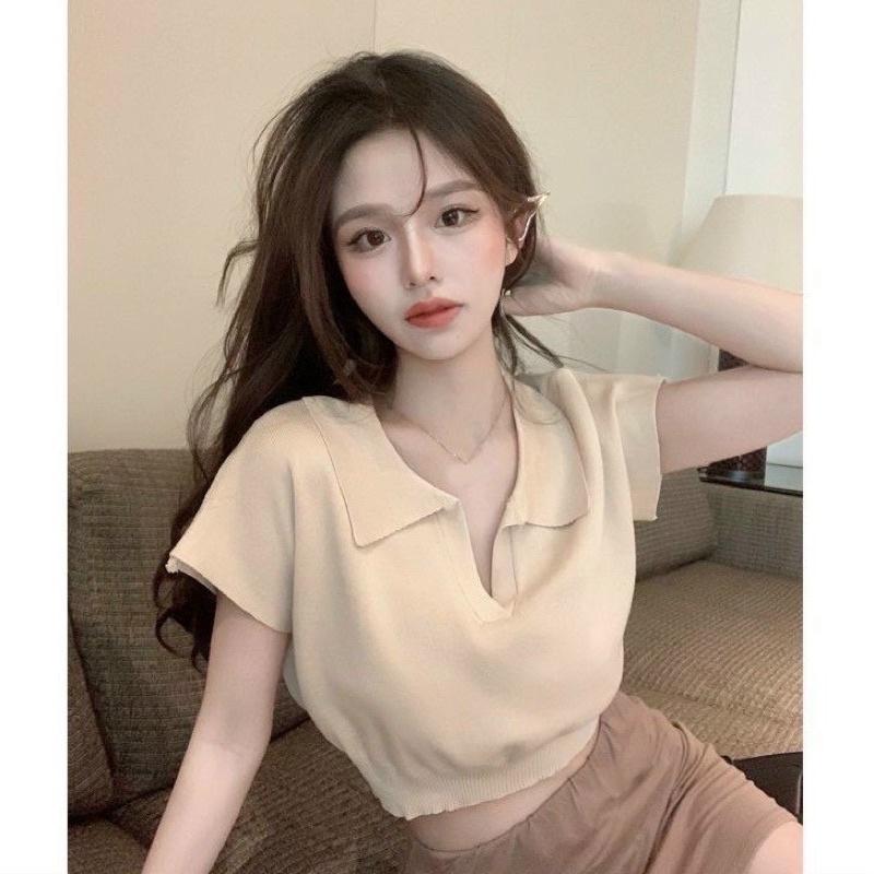 Áo dệt kim tay ngắn chất dày vừa mềm mịn phom lửng xinh