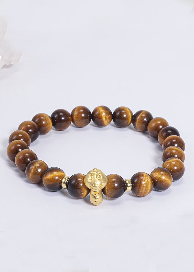 Vòng Tay Phong Thủy Đá Mắt Hổ Vàng Nâu Phối Charm Tuổi Tỵ Bạc Mạ Vàng 24K Mệnh Thổ, Kim Ngọc Quý Gemstones