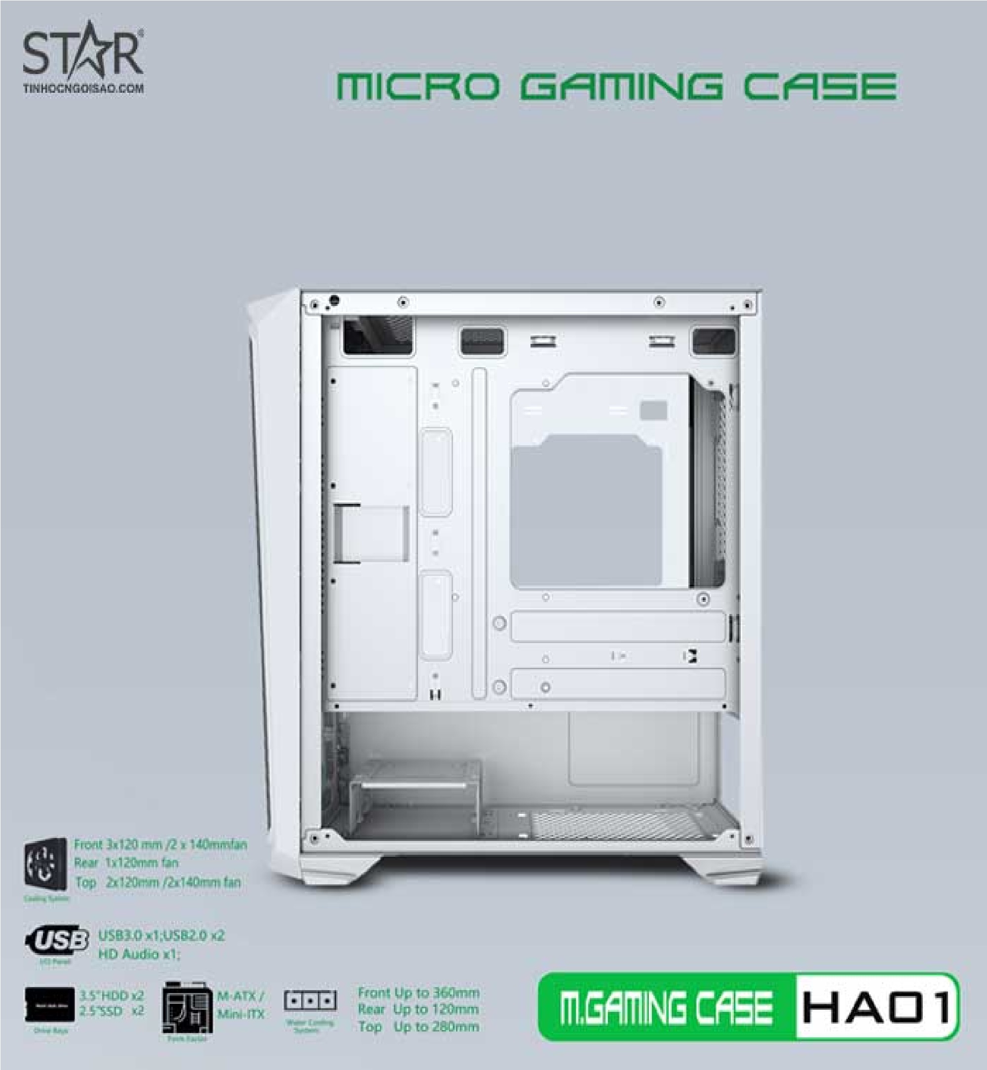 Case Gaming VSP HA01 Mini Tower (Trắng) - Hàng chính hãng