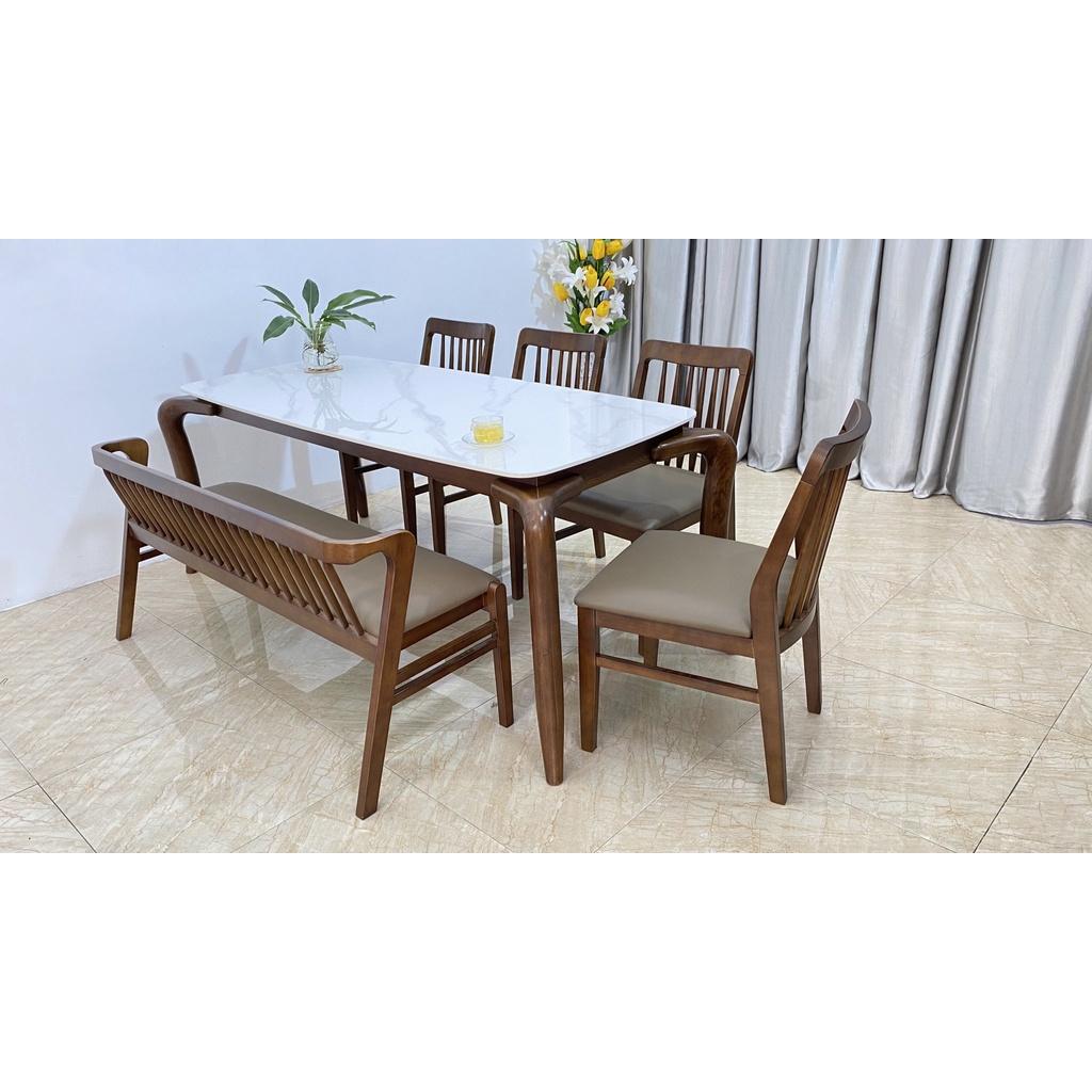 Bộ bàn ăn Đá Trắng Ceramic/Kính hoa xanh cường lực 15 ly mùa thu