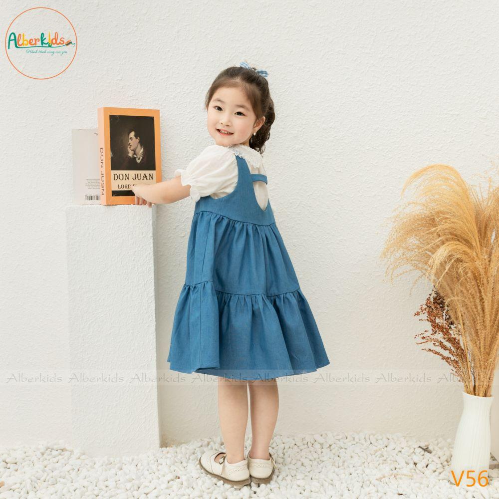 Váy bé gái ALBERKIDS bò denim 2 dây 3 tầng công chúa xinh đẹp cho trẻ em 2,3,4,5,6,7,8,9,10,11,12 tuổi [V56