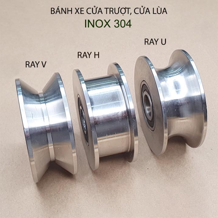 01 Bánh xe cho cửa cổng trượt, cửa lùa bằng inox 304, loại 22x68mm, Hình U, V, H tùy chọn