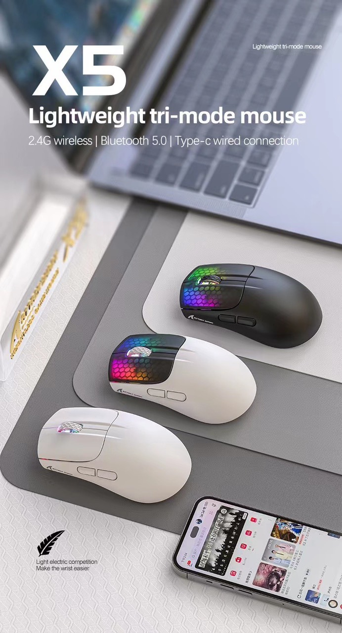 Chuột không dây X5 kết nối 3 chế độ thiết kế chuột trọng lượng siêu nhẹ kèm đèn led RGB và 5 mức độ DPI