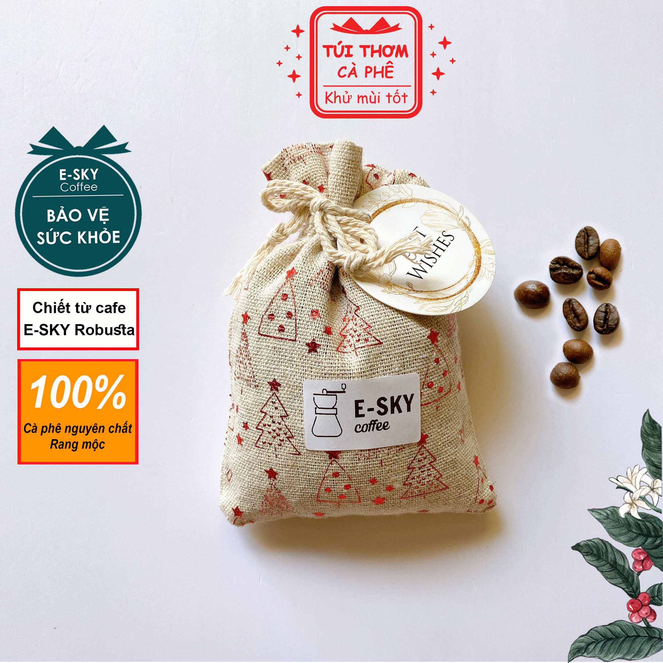 Túi Thơm Cafe E-SKY Coffee Khử Mùi Ô Tô, Tủ Lạnh, Vải Canvas Noel 100gr