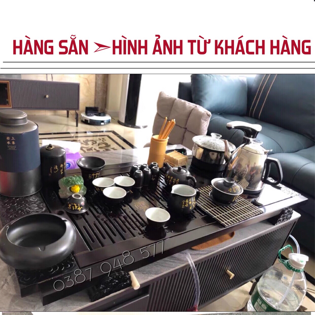 Bộ bàn pha trà điện ,bếp đun nước cảm ứng tự động thông minh đa năng inox ,khay trà đạo nan gỗ ,Ấm chén cối xay độc lạ -06 Tặng kèm xô nhựa đựng nước