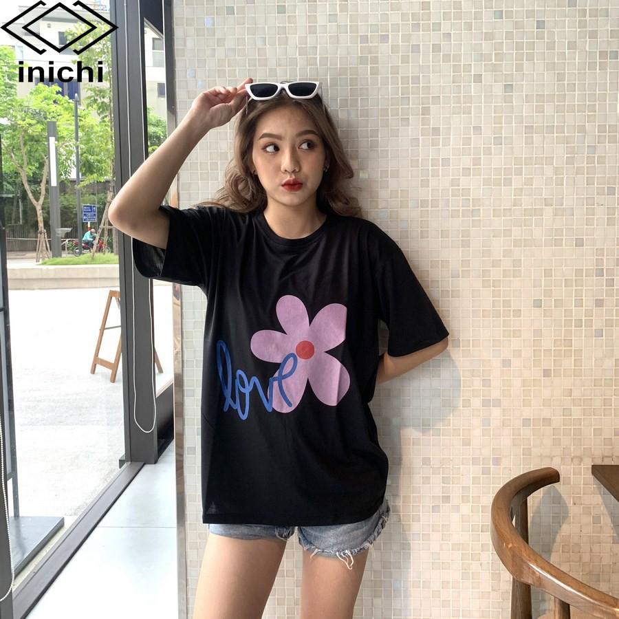 Áo thun unisex INICHI A579 tay lỡ form rộng cá tính in hình Love hoa 5 cánh