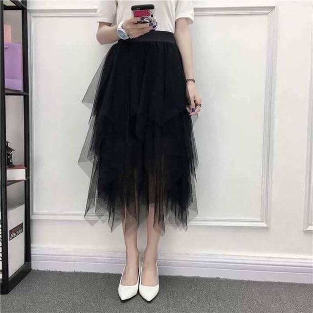 Chân Váy Bố Đen Vạt Xéo Tua Rua  XIPI