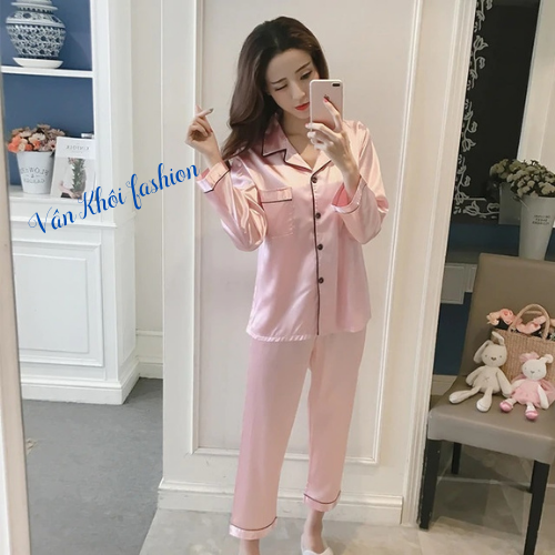 Bộ đồ Pijama ngủ mặc nhà, quần áo ngủ nữ dài tay Vân Khôi -chất liệu lụa trơn đẹp mát thanh lịch