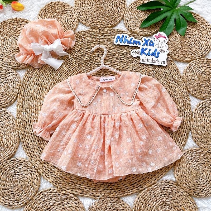 Body Váy Lá Hồng Bé Gái 3 Đến 12kg, Áo Liền Quần Bé Gái Chất Đũi Thông Hơi Phối Ren