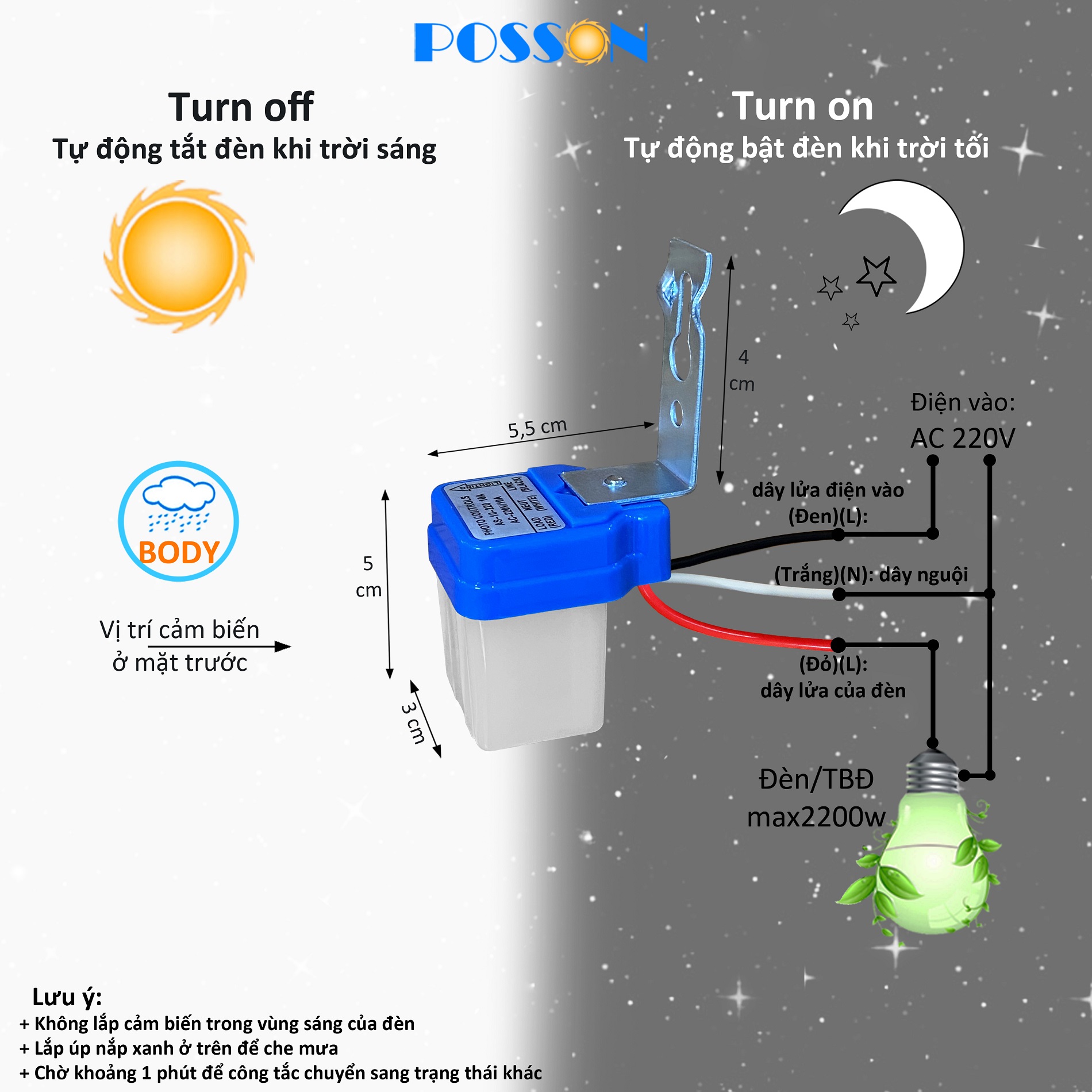 Công tắc cảm ứng ánh sáng cảm biến ánh sáng thông minh tự động bật tắt giúp tiết kiệm điện AC220v 10A Posson SS-LS