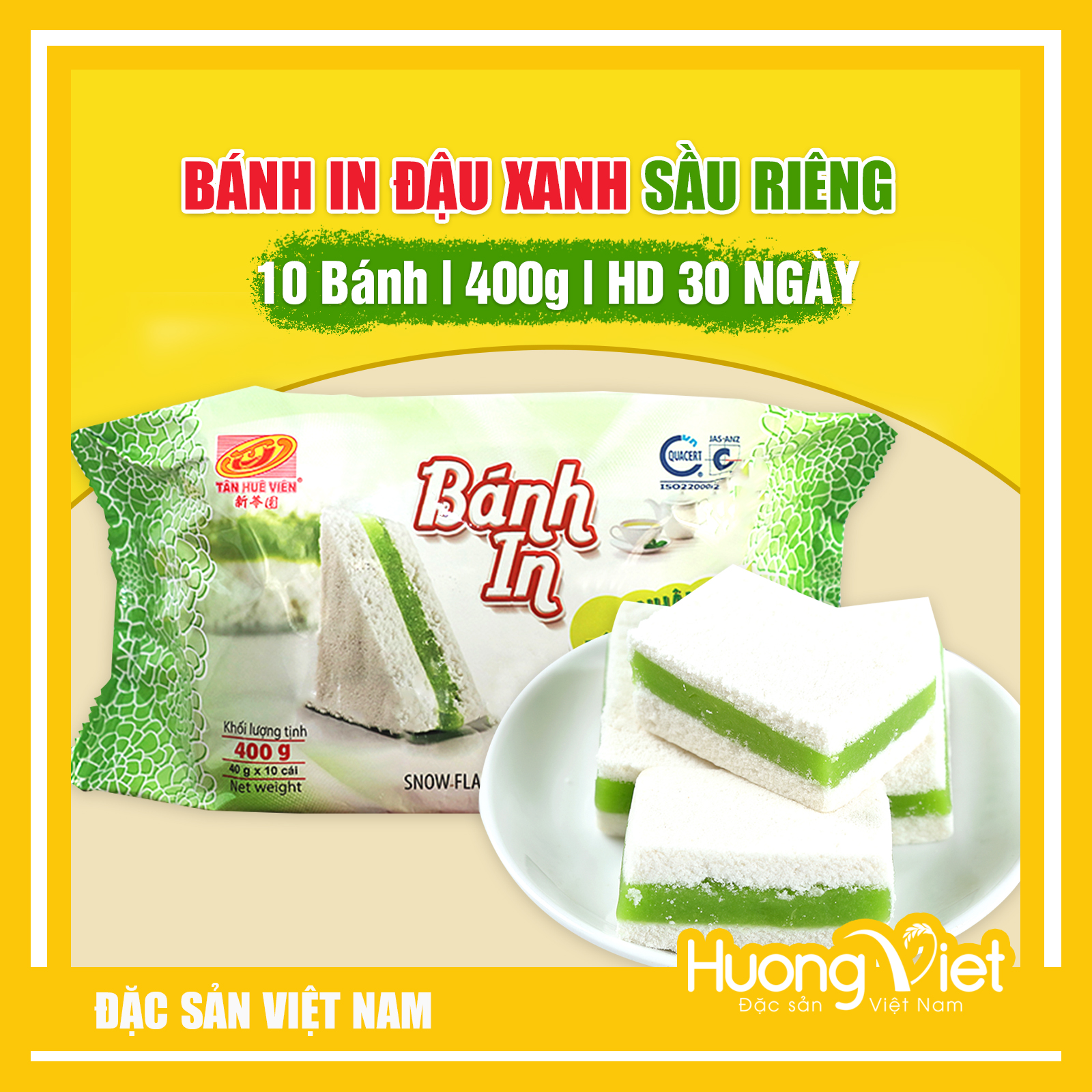 Đặc Sản Sóc Trăng - Bánh In Đậu Xanh Lá Dứa Tân Huê Viên Túi 10 Bánh 400G, Đặc Sản Bánh In Sóc Trăng Nhân Lá Dứa, Đậu Xanh