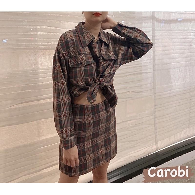 ́ + ́ + ̂ ́ : Set áo sơmi chân váy caro kèm áo thun gân 2 dây croptop