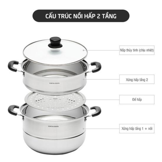 Nồi hấp 2 tầng inox vung kính giá rẻ phi 28cm-Nồi hấp inox 2 tầng