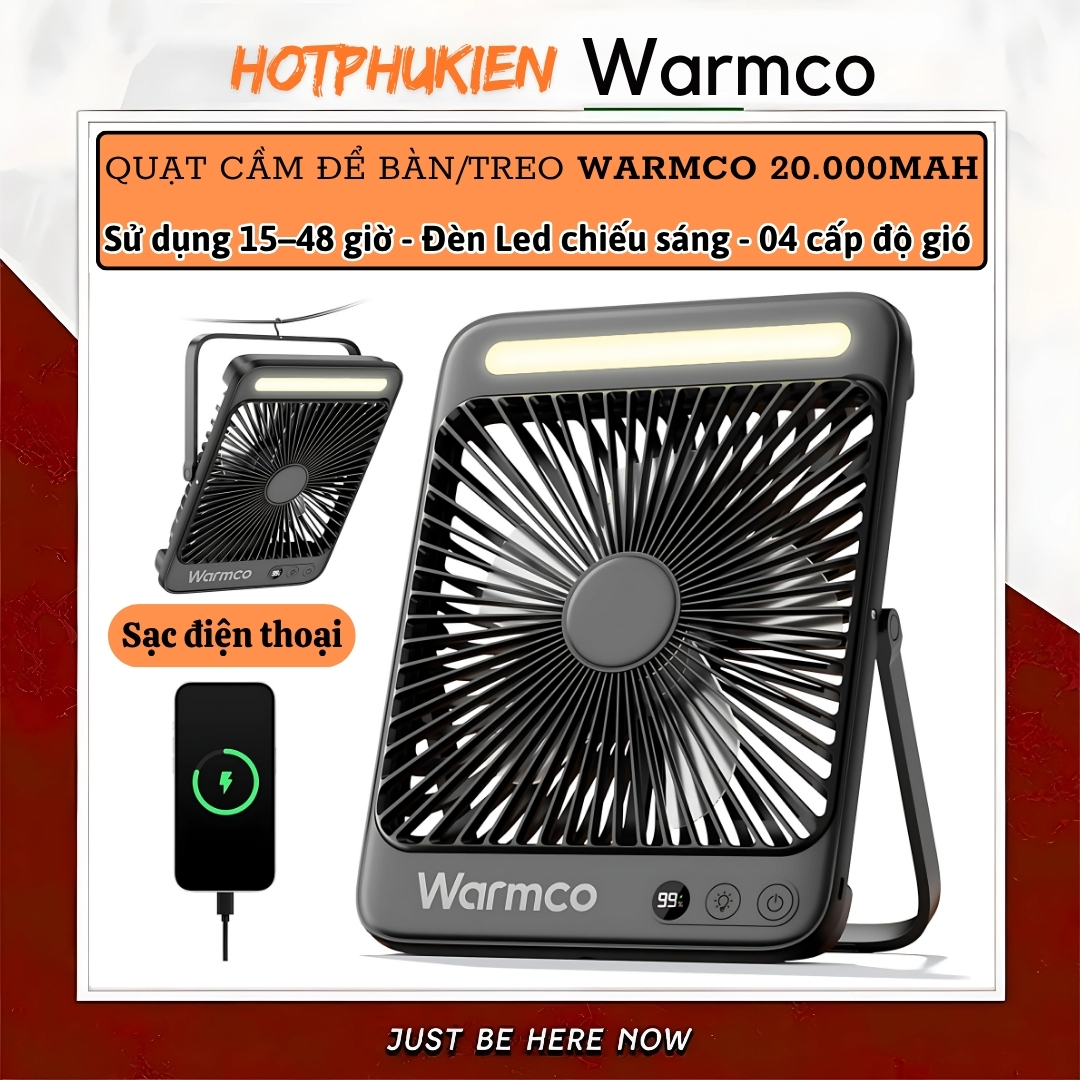 Quạt để bàn / treo đa năng turbo siêu mỏng 20.000 mAh, đèn led chiếu sáng 4 cấp độ gió,dùng làm Pin sạc dự phòng cho iphone ipad điện thoại hiệu Warmco D4 - Gió Mạnh, Êm Ái,hạn chế tiếng ồn, tích điện sạc cắm trại, du lịch, gia đình - Hàng nhập khẩu